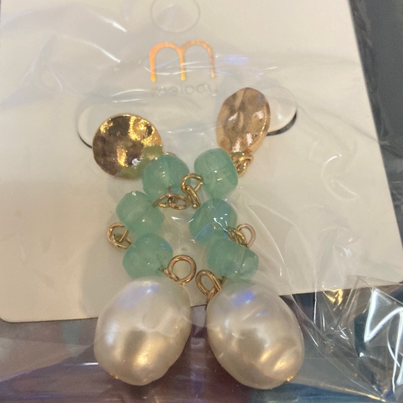 Gold and Aqua Beaded Pearl Earrings - Picture 1 of 2